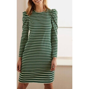 Boden Imogen Breton Stripes Long Sleeve Dress in Hunter Green & White, Size 6